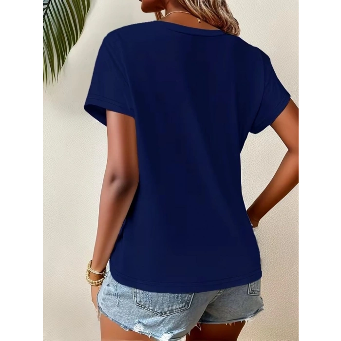 Kadın Kısa Kollu Bisiklet Yaka Asimetrik Kesim Detaylı Viskon Bluz