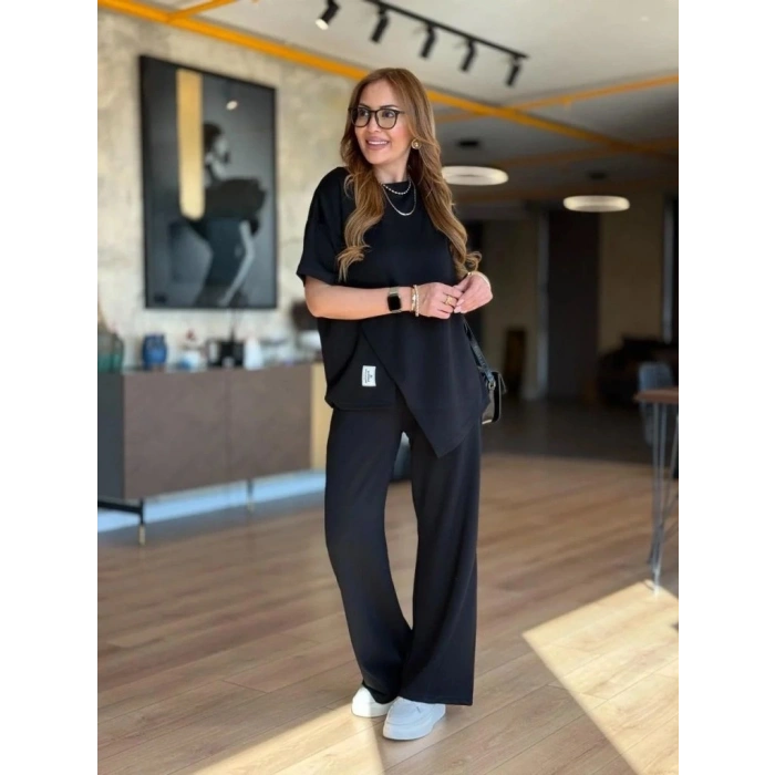 Kadın Kısa Kollu Bisiklet Yaka Asimetrik Viskon Iki Iplik Bluz Ve Pantolon Ikili Takım