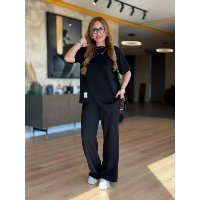 Kadın Kısa Kollu Bisiklet Yaka Asimetrik Viskon Iki Iplik Bluz Ve Pantolon Ikili Takım