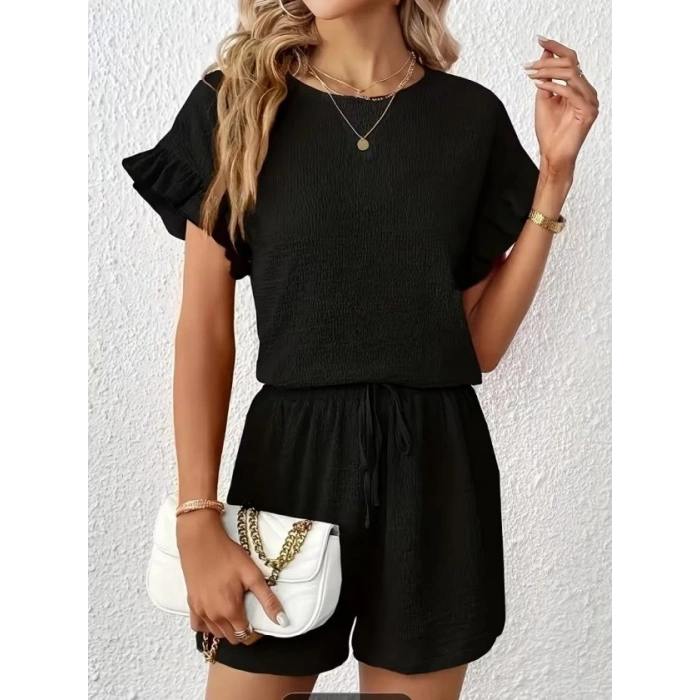 Kadın Kısa Kollu Bisiklet Yaka Bürümcük Bluz Ve Kısa Short Ikili Takım