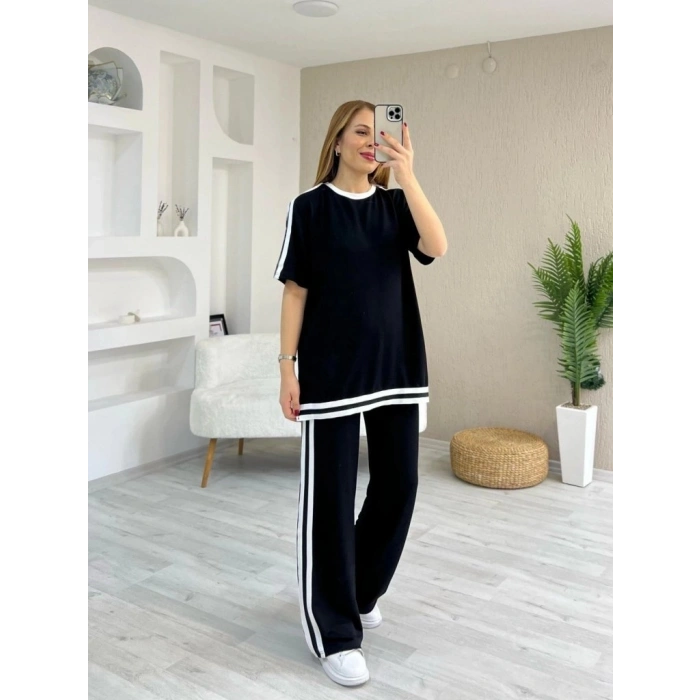 Kadın Kısa Kollu Bisiklet Yaka çift Renk şerit Detaylı Viskon Iki Iplik Bluz Ve Pantolon Ikili Takım