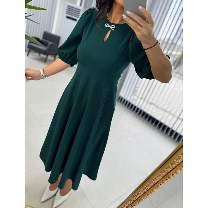 Kadın Kısa Kollu Bisiklet Yaka Fiyonk Broşlu Midi Janjan Krep Elbise