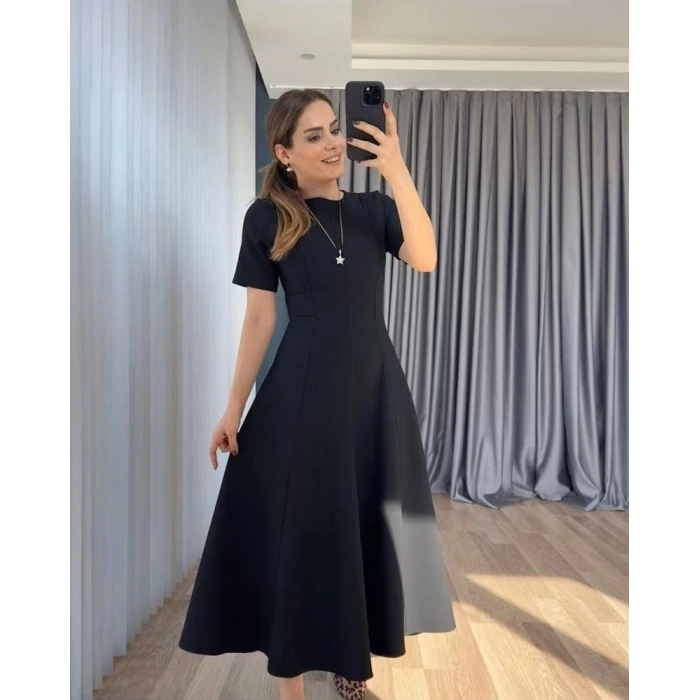 Kadın Kısa Kollu Bisiklet Yaka Maksi Boy Ithal Krep Elbise