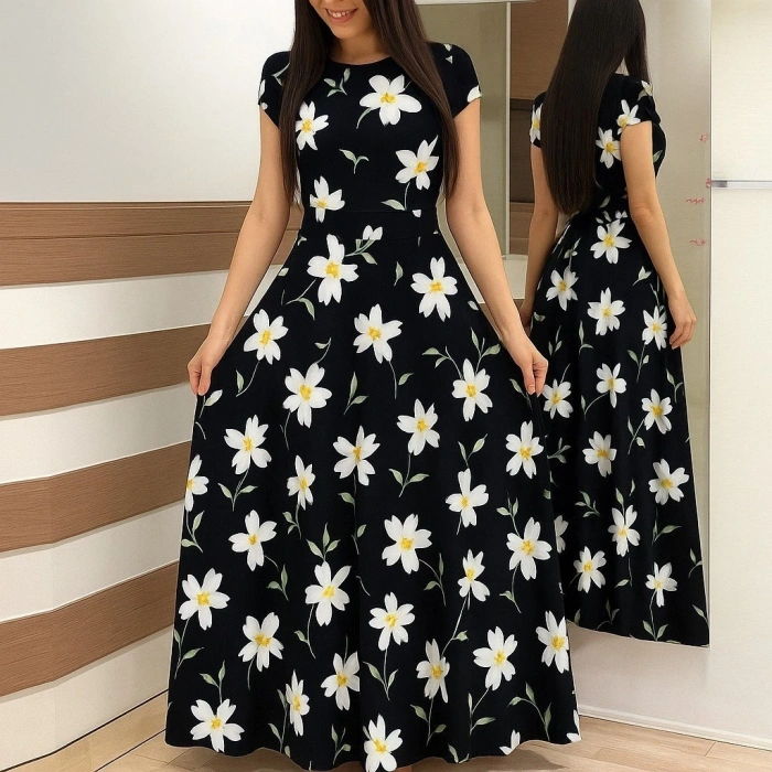 Kadın Kısa Kollu Bisiklet Yaka Puantiyeli Maksi örme Krep Elbise