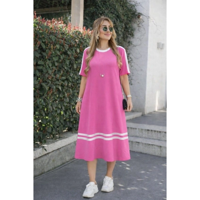 Kadın Kısa Kollu Bisiklet Yaka şerit Detaylı Midi Viskon Elbise