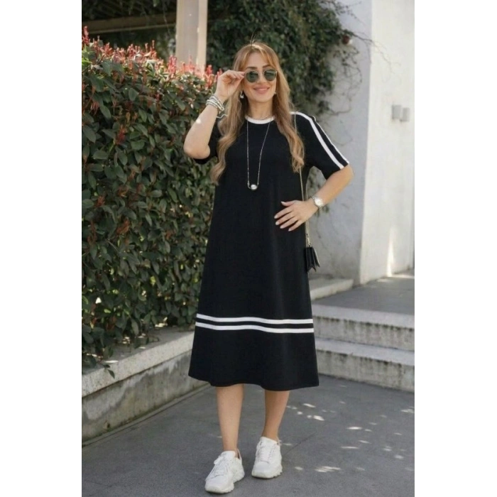 Kadın Kısa Kollu Bisiklet Yaka şerit Detaylı Midi Viskon Elbise