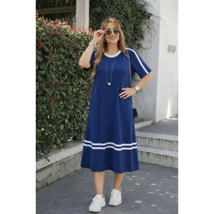 Kadın Kısa Kollu Bisiklet Yaka şerit Detaylı Midi Viskon Elbise