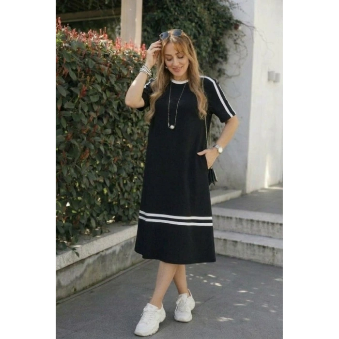 Kadın Kısa Kollu Bisiklet Yaka şerit Detaylı Midi Viskon Elbise