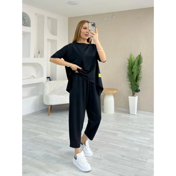 Kadın Kısa Kollu Bisiklet Yaka Viskon Iki Iplik Bluz Ve Pantolon Ikili Takım