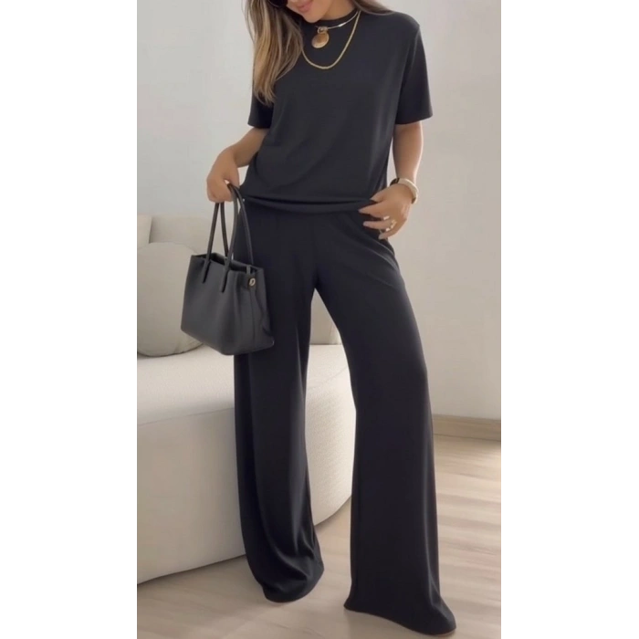 Kadın Kısa Kollu Bisiklet Yaka Viskon Iki Iplik Bluz Ve Pantolon Ikili Takım