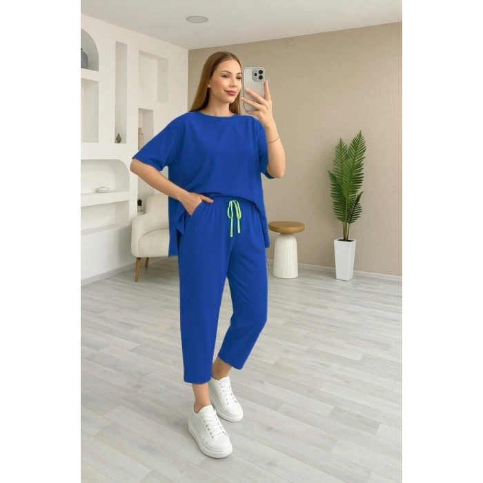 Kadın Kısa Kollu Bisiklet Yaka Viskon Iki Iplik Bluz Ve Pantolon Ikili Takım