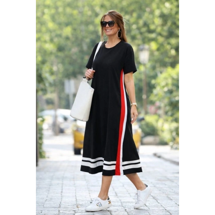 Kadın Kısa Kollu Bisiklet Yaka Yan şerit Detaylı Midi Viskon Elbise