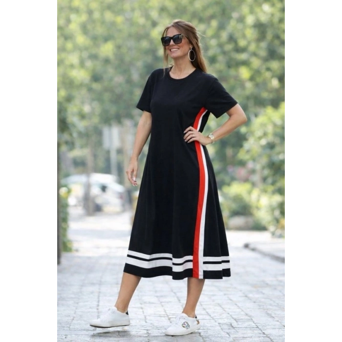 Kadın Kısa Kollu Bisiklet Yaka Yan şerit Detaylı Midi Viskon Elbise