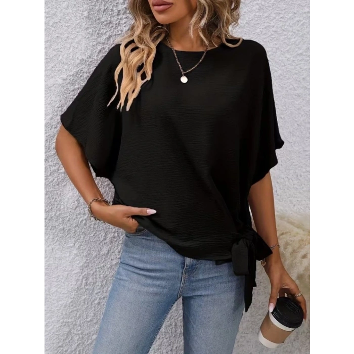 Kadın Kısa Kollu Bisiklet Yaka Yandan Bağcıklı Aerobin Bluz