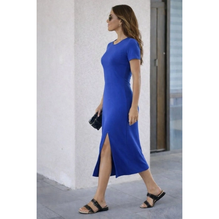 Kadın Kısa Kollu Bisiklet Yaka Yandan Yırtmaçlı Midi Viskon Elbise