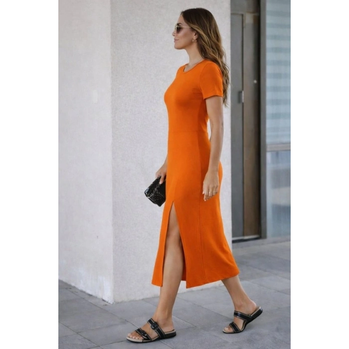 Kadın Kısa Kollu Bisiklet Yaka Yandan Yırtmaçlı Midi Viskon Elbise