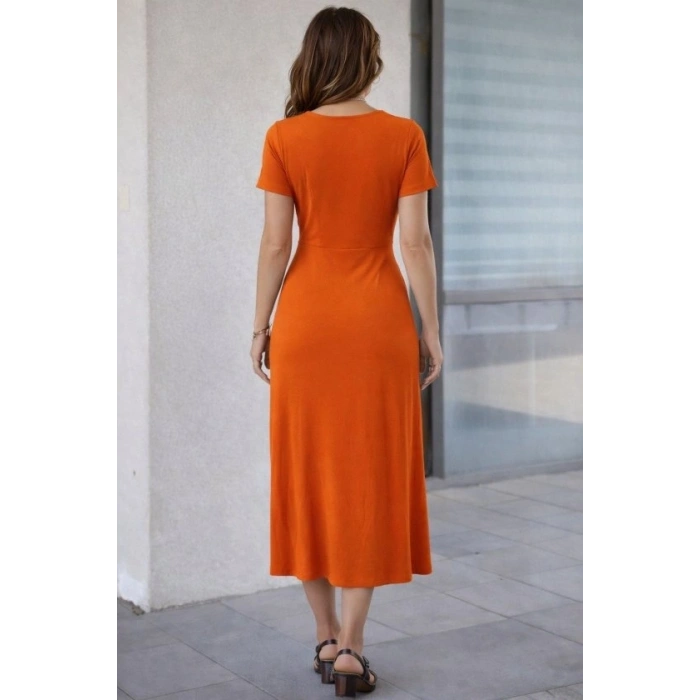 Kadın Kısa Kollu Bisiklet Yaka Yandan Yırtmaçlı Midi Viskon Elbise