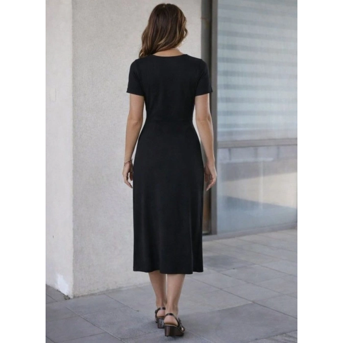 Kadın Kısa Kollu Bisiklet Yaka Yandan Yırtmaçlı Midi Viskon Elbise