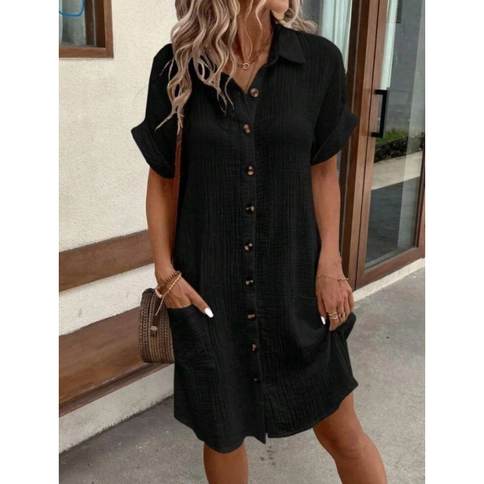 Kadın Kısa Kollu Bisiklet Yaka Yandan Yırtmaçlı Viskon Midi Elbise