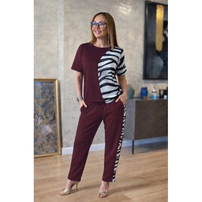 Kadın Kısa Kollu Bisiklet Yaka Zebra Desen Bluz Ve Pantolon Ikili Takım