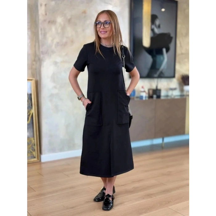 Kadın Kısa Kollu Bisiklet Yakalı Cepli önden Yırtmaçlı Viskon Iki Iplik Midi Elbise
