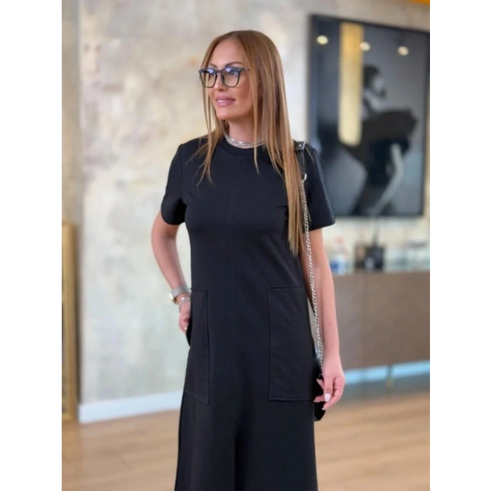 Kadın Kısa Kollu Bisiklet Yakalı Cepli önden Yırtmaçlı Viskon Iki Iplik Midi Elbise