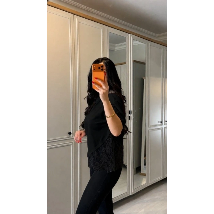 Kadın Kısa Kollu Bisiklet Yakalı Dantel Detaylı Viskon Iki Iplik Bluz
