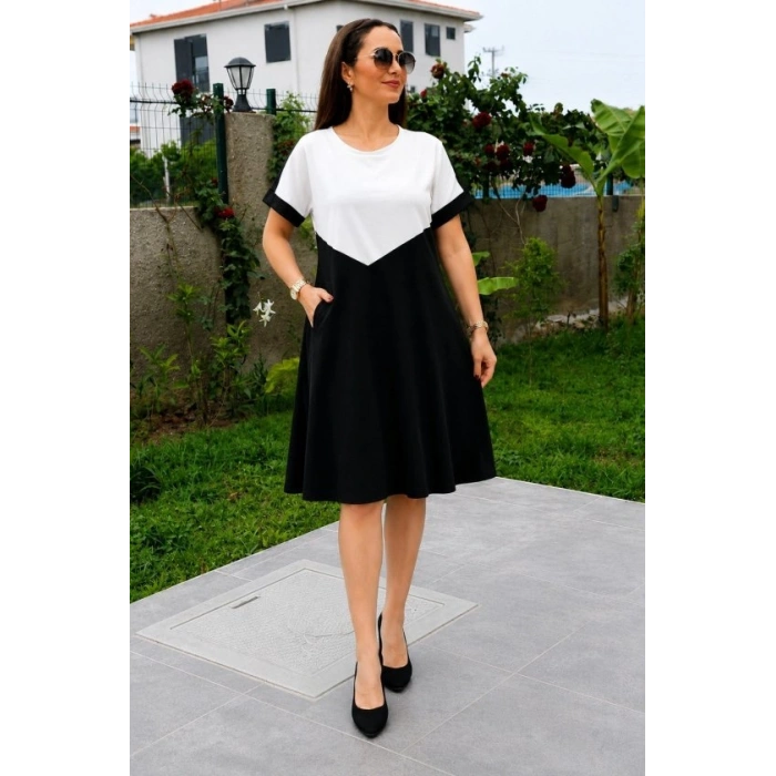Kadın Kısa Kollu Bisiklet Yakalı önden Geometrik şekil Detaylı çift Renkli Kısa Viskon Elbise