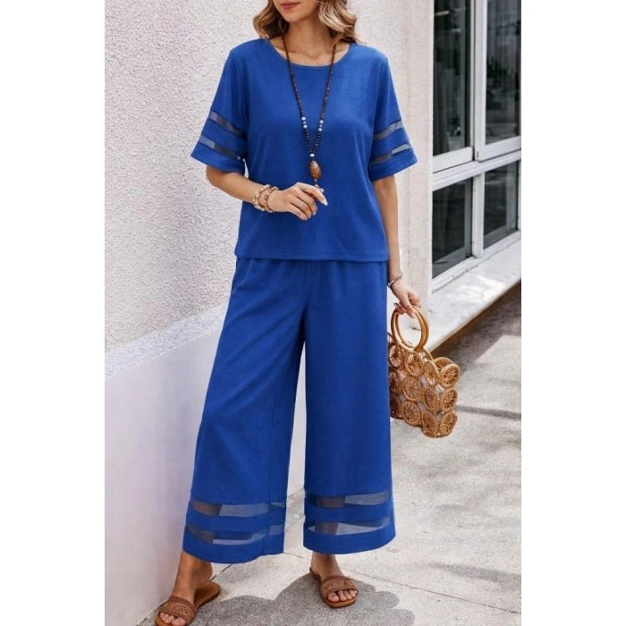 Kadın Kısa Kollu Bisiklet Yakalı Tül şerit Detaylı Bluz Ve Pantolon Ikili Takım