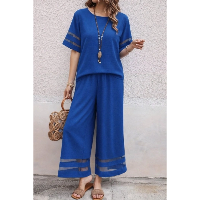 Kadın Kısa Kollu Bisiklet Yakalı Tül şerit Detaylı Bluz Ve Pantolon Ikili Takım