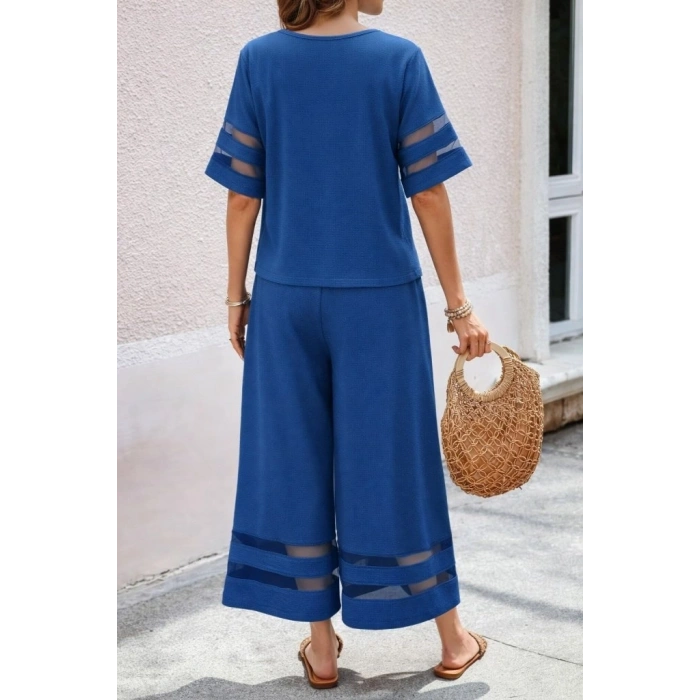 Kadın Kısa Kollu Bisiklet Yakalı Tül şerit Detaylı Bluz Ve Pantolon Ikili Takım