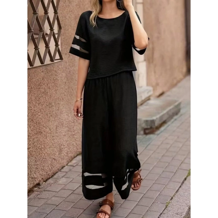 Kadın Kısa Kollu Bisiklet Yakalı Tül şerit Detaylı Bluz Ve Pantolon Ikili Takım