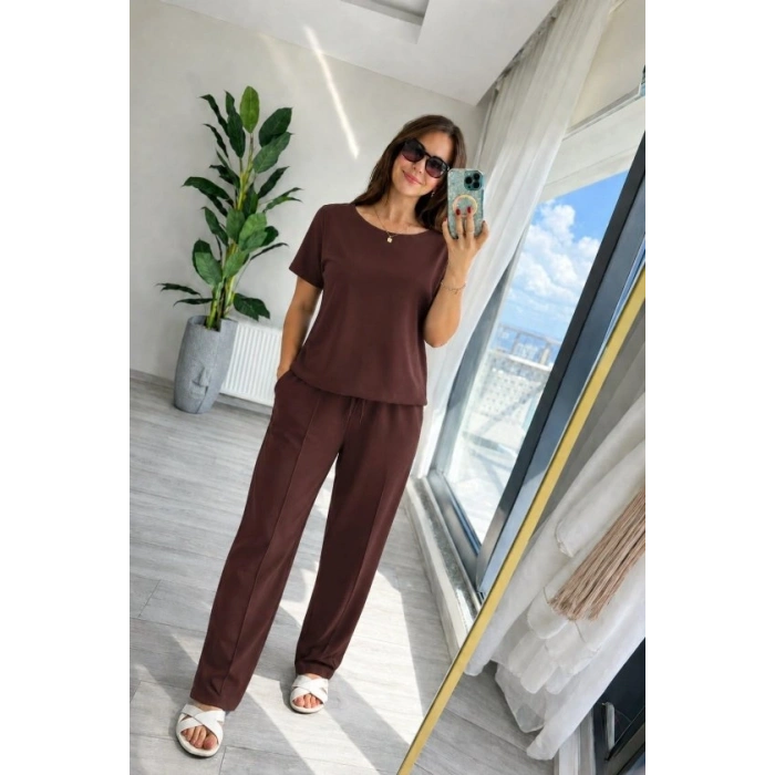 Kadın Kısa Kollu Bisiklet Yakalı Viskon Iki Iplik Bluz Ve Pantolon Ikili Takım