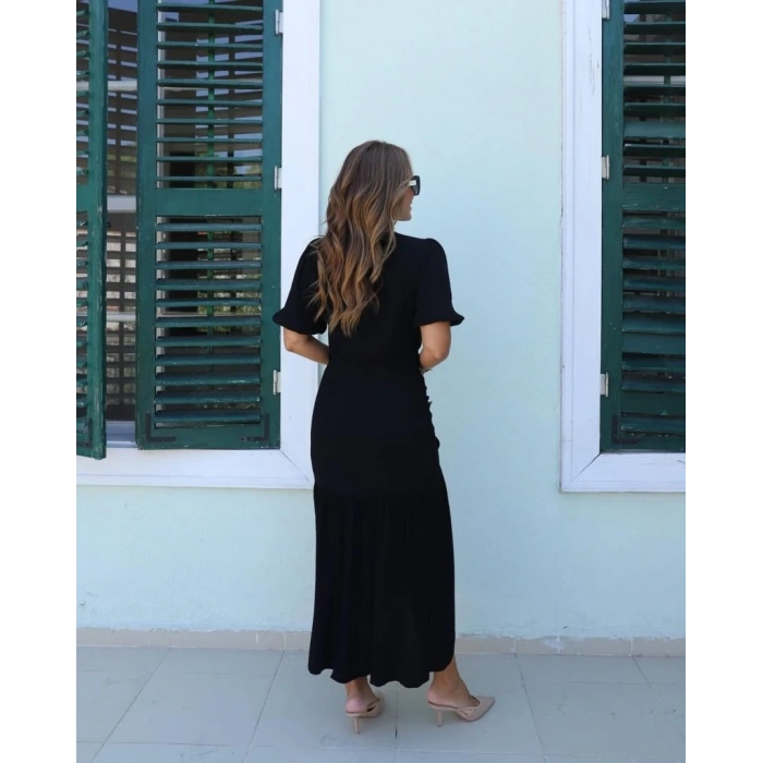 Kadın Kısa Kollu Bisiklet Yakalı Yandan Yırtmaçlı Büzgülü Janjan Krep Elbise