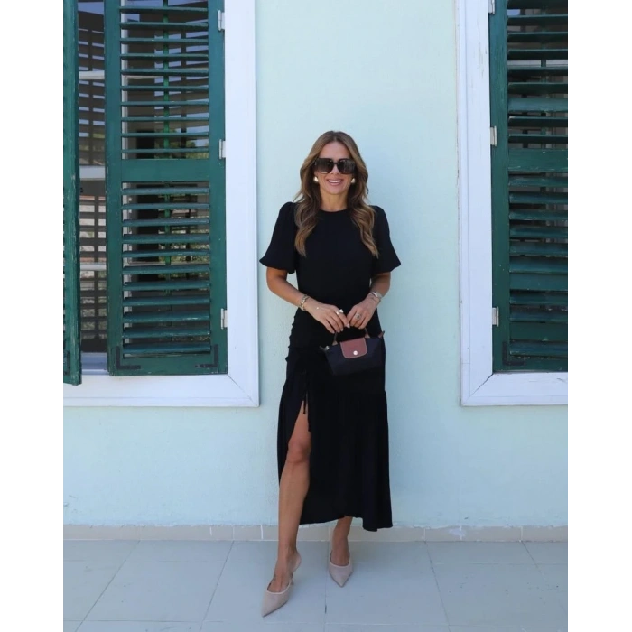 Kadın Kısa Kollu Bisiklet Yakalı Yandan Yırtmaçlı Büzgülü Janjan Krep Elbise