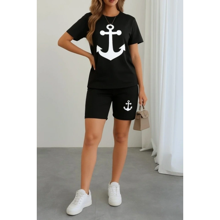 Kadın Kısa Kollu çapa Baskılı Viskon Ikili Takım