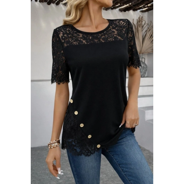 Kadın Kısa Kollu Dantel Detaylı Yandan Düğmeli Waffle Bluz