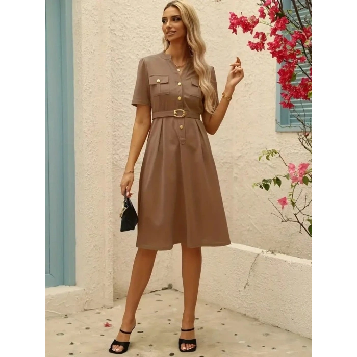Kadın Kısa Kollu Düğmeli Ve Kemerli Atlas Elbise