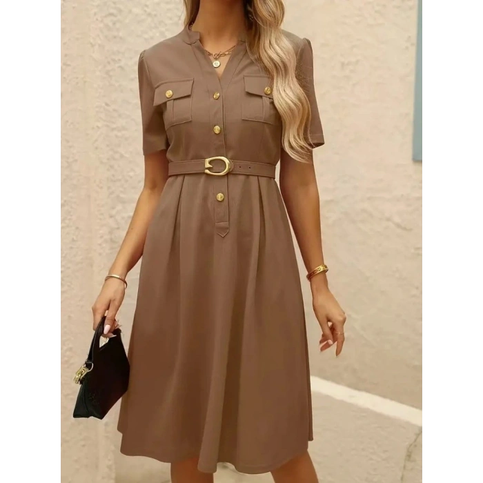 Kadın Kısa Kollu Düğmeli Ve Kemerli Atlas Elbise