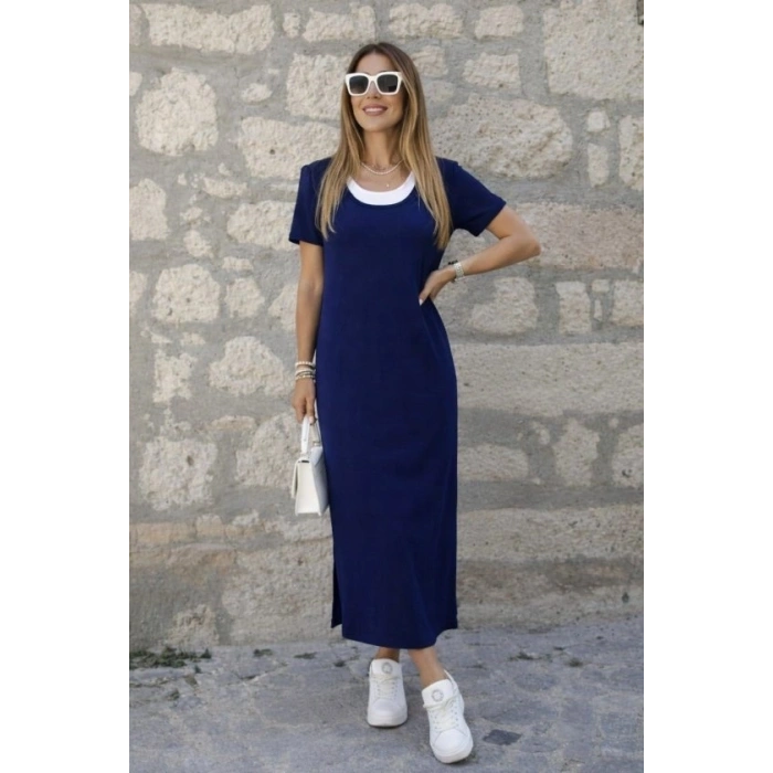 Kadın Kısa Kollu Içi Atlet Görünümlü Yandan Yırtmaçlı Uzun Viskon Elbise