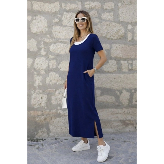 Kadın Kısa Kollu Içi Atlet Görünümlü Yandan Yırtmaçlı Uzun Viskon Elbise