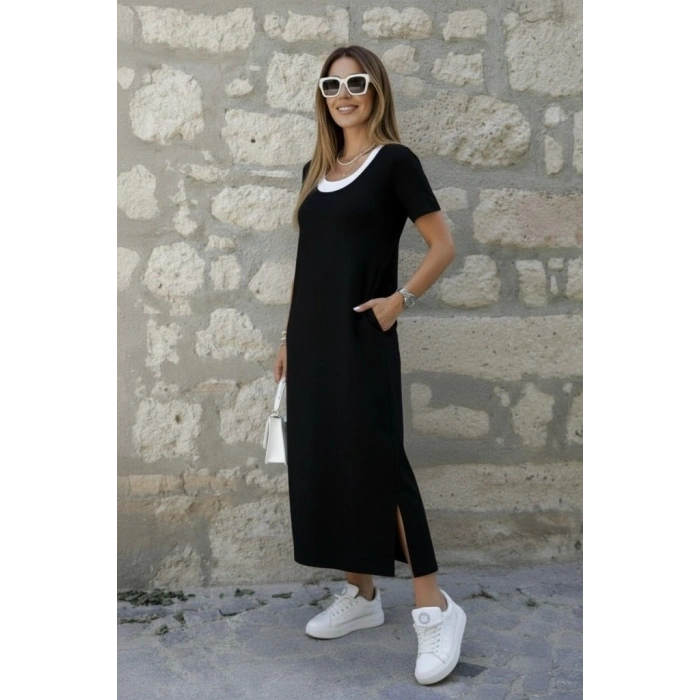 Kadın Kısa Kollu Içi Atlet Görünümlü Yandan Yırtmaçlı Uzun Viskon Elbise