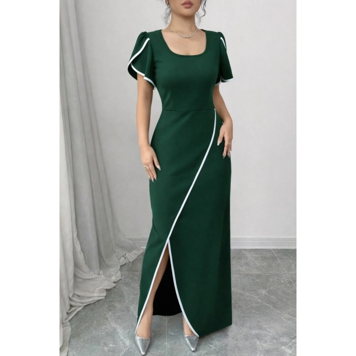 Kadın Kısa Kollu Kare Yakalı önden çapraz Kesim Detaylı Krep Elbise