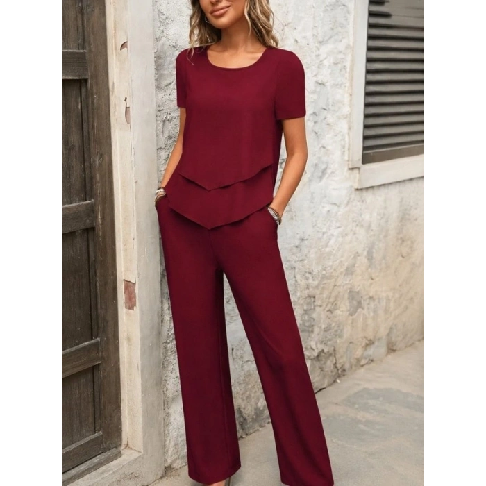 Kadın Kısa Kollu Kayık Yaka önü Asimetrik Detaylı Kısa Sandy Bluz Ve Pantolon Ikili Takım