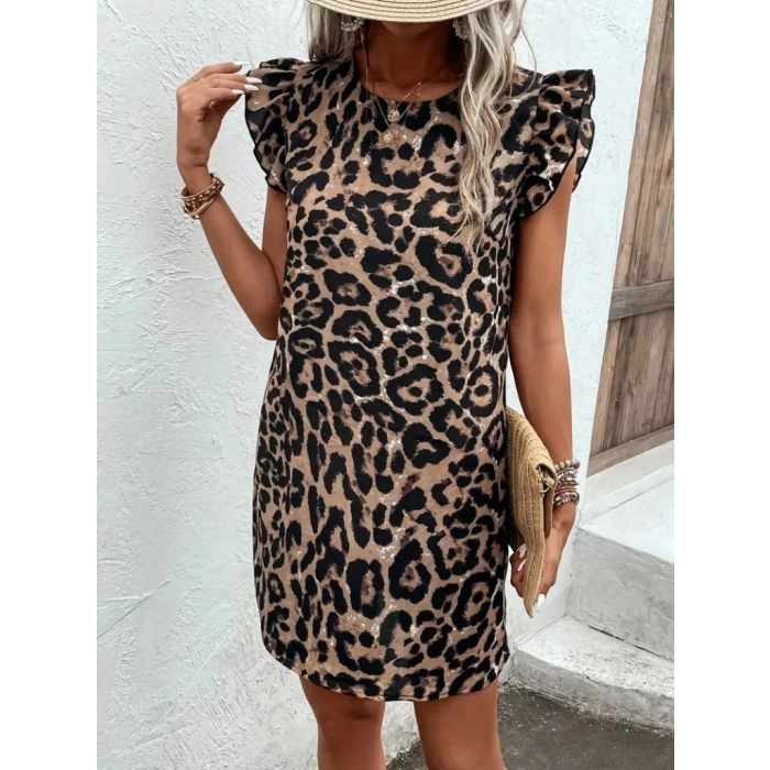Kadın Kısa Kollu Kolları Fırfır Detay Arkası Bağlamalı Leopar Desen Kolsuz Mini Mikro Elbise