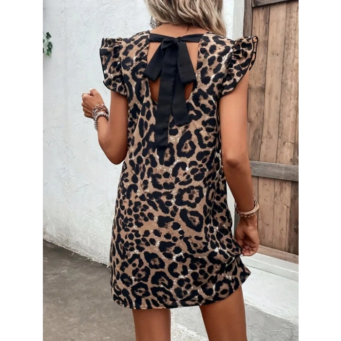 Kadın Kısa Kollu Kolları Fırfır Detay Arkası Bağlamalı Leopar Desen Kolsuz Mini Mikro Elbise