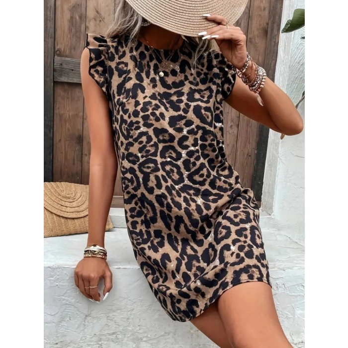 Kadın Kısa Kollu Kolları Fırfır Detay Arkası Bağlamalı Leopar Desen Kolsuz Mini Mikro Elbise
