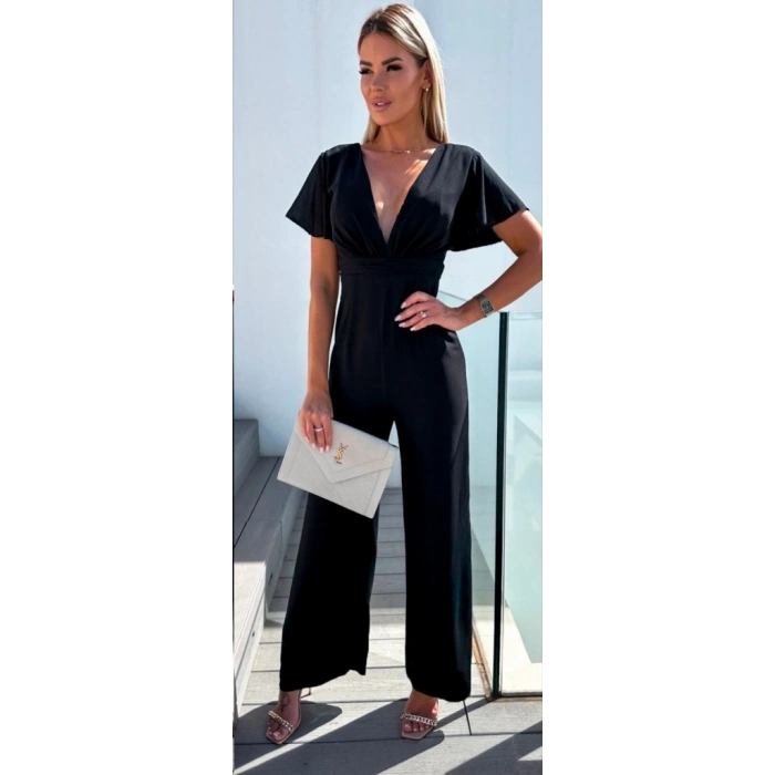 Kadın Kısa Kollu Kruvaze Yaka Sırt Dekolteli Pegasus Kumaş Tulum