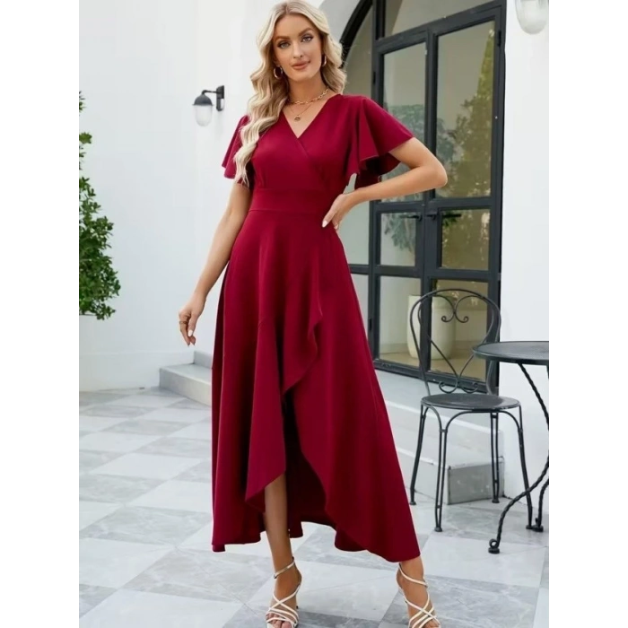 Kadın Kısa Kollu Kruvaze Yakalı ön Asimetrik Volanlı Uzun Ithal Krep Elbise