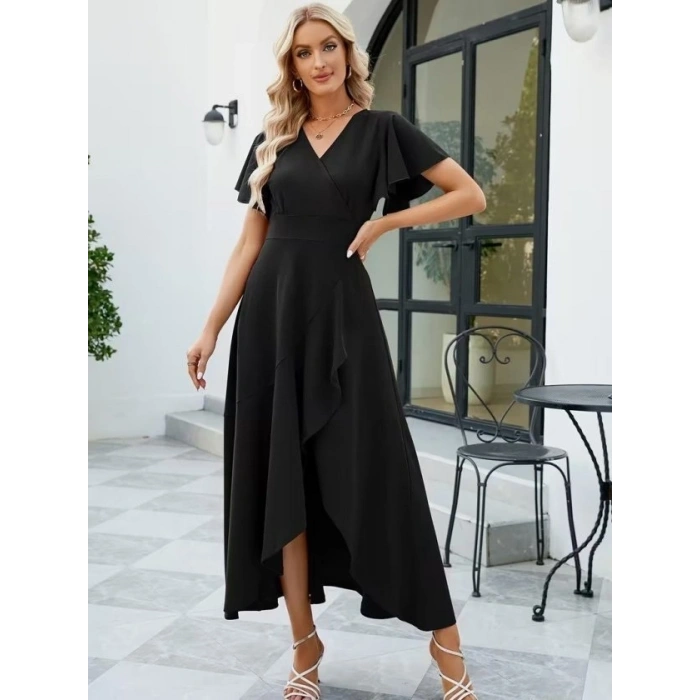 Kadın Kısa Kollu Kruvaze Yakalı ön Asimetrik Volanlı Uzun Ithal Krep Elbise